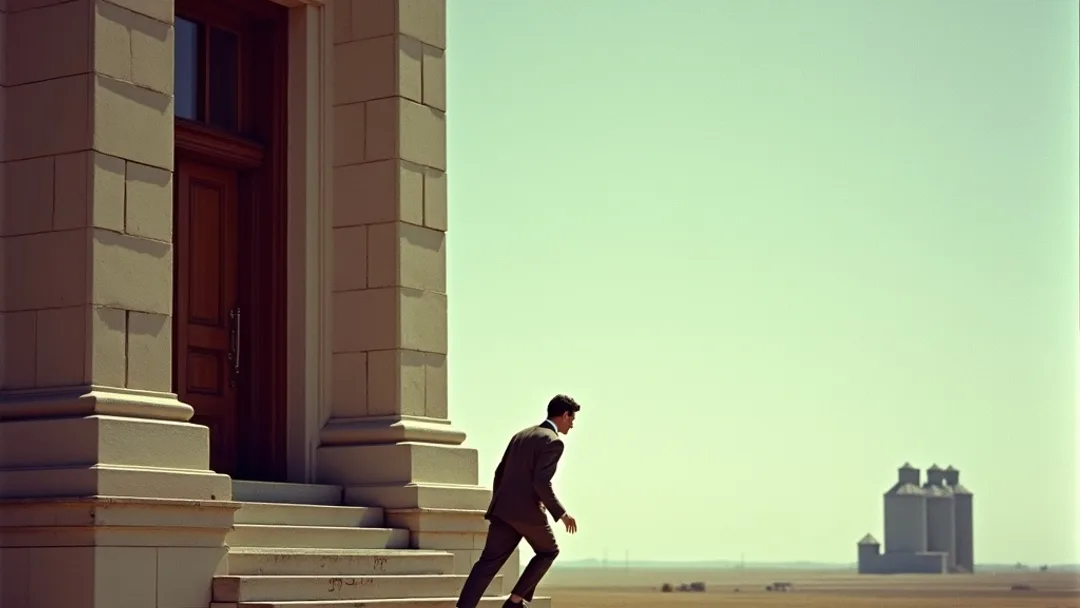 A person hurrying up the steps of a grand stone bank building with grain elevators and wide prairie sky visible in the distant background, 1950s vintage Kodachrome photograph style