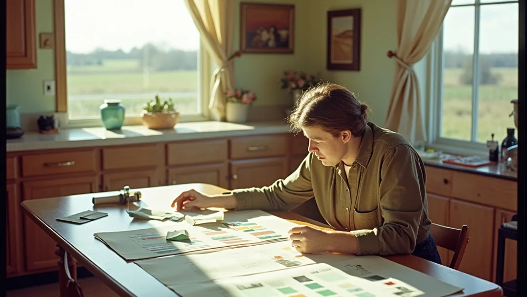 Un propriétaire examine des plans de rénovation à une table de cuisine avec des échantillons de peinture et des plans étalés, intérieur de maison des années 1950, prairie albertaine visible par la fenêtre
