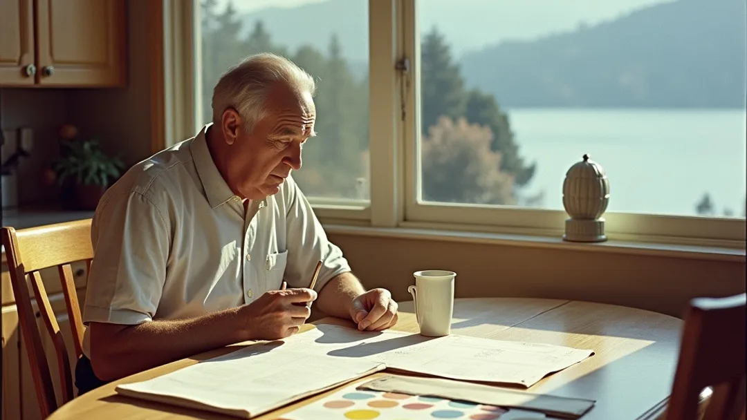 Un propriétaire examine des plans de rénovation à une table de cuisine avec des échantillons de peinture et des plans étalés, intérieur de maison des années 1950, montagnes et port du Pacifique visibles par la fenêtre de la cuisine