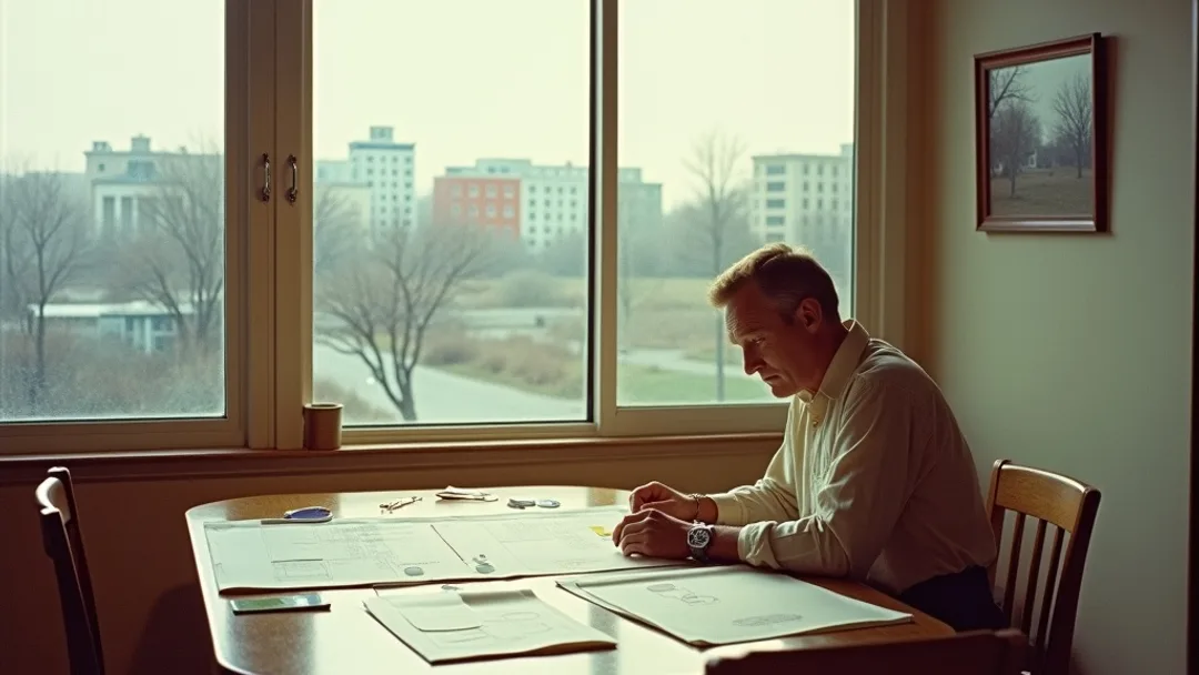 Un propriétaire examine des plans de rénovation à une table de cuisine avec des échantillons de peinture et des plans étalés, intérieur de maison des années 1950, bâtiments du quartier de la Bourse de Winnipeg visibles par la fenêtre avec horizon des prairies