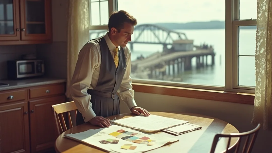 Un propriétaire examine des plans de rénovation à une table de cuisine avec des échantillons de peinture et des plans étalés, intérieur de maison des années 1950, port maritime et pont couvert visibles par la fenêtre, tons chauds et doux de film