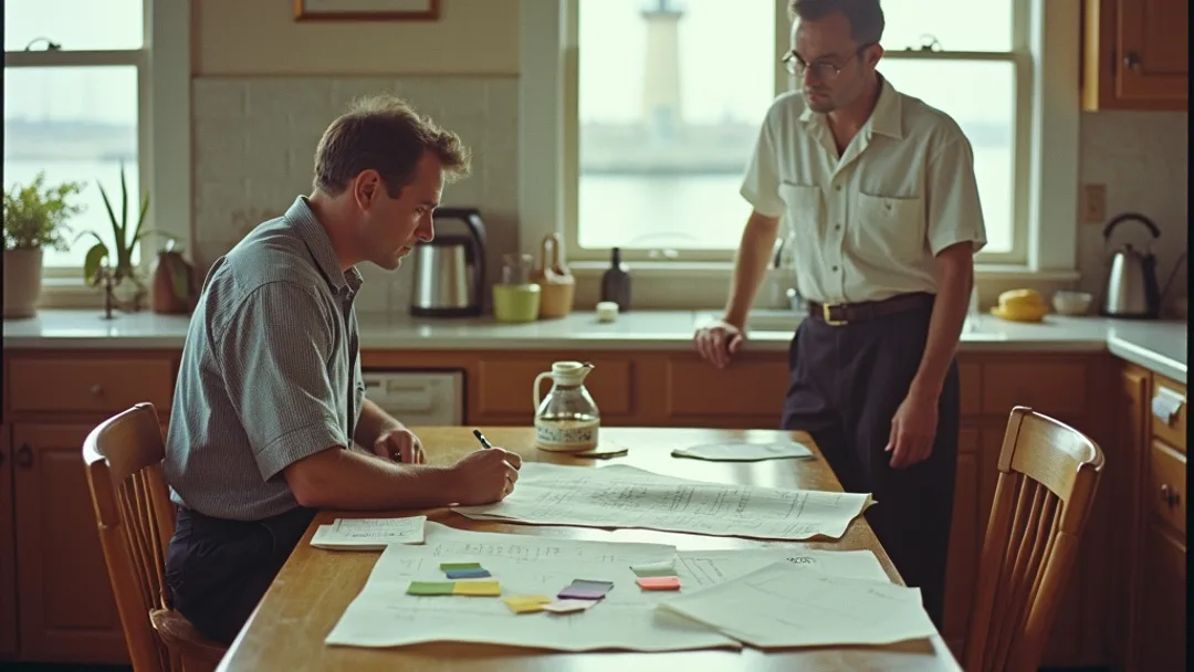 Un propriétaire examine des plans de rénovation à une table de cuisine avec des échantillons de peinture et des plans étalés, intérieur de maison des années 1950, front de mer de Halifax et phare visibles par la fenêtre, tons chauds et doux de film