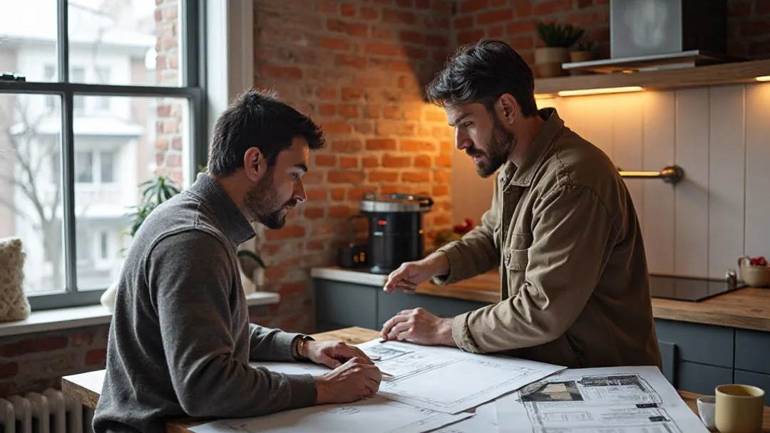 Un propriétaire examinant des plans de rénovation à une table de cuisine avec des échantillons de carrelage et des soumissions d'entrepreneurs, intérieur d'un duplex montréalais avec murs de brique exposés, quartier enneigé visible par la fenêtre