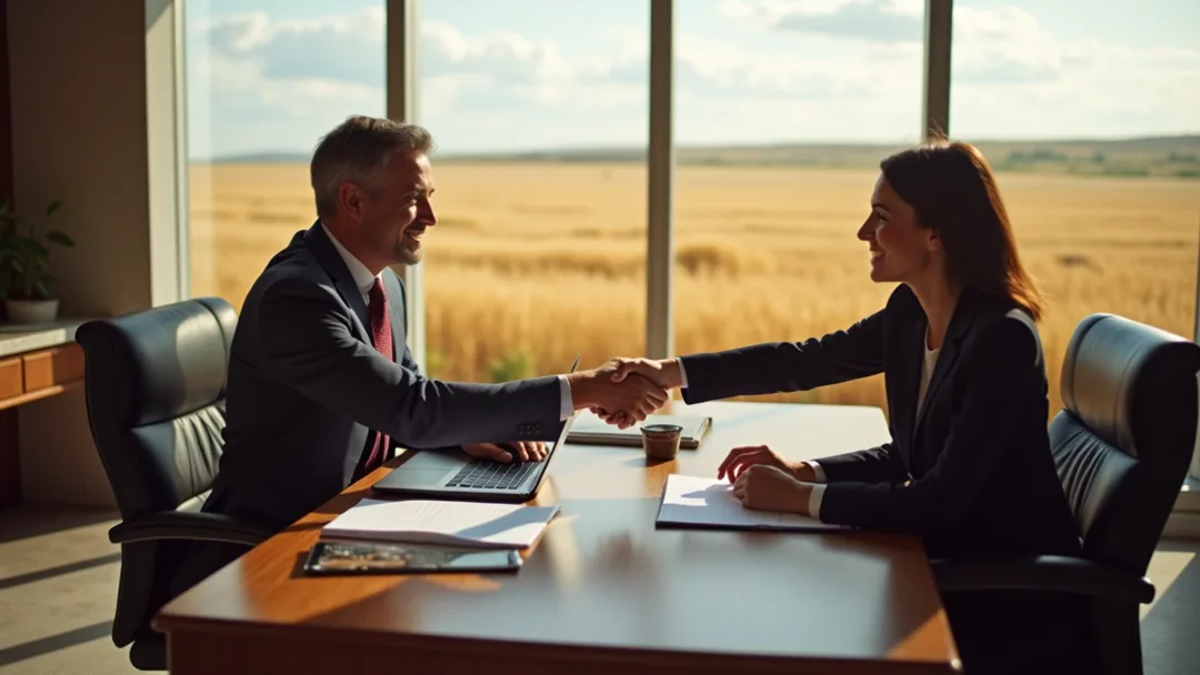 A banker and client shaking hands across a mahogany desk with loan documents and a laptop, Alberta prairie landscape visible through the office window