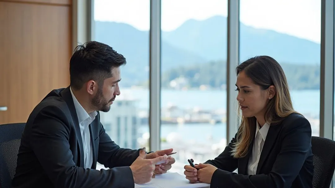 Un conseiller financier examinant des documents de prêt à versements avec un client dans un bureau moderne de Vancouver, montagnes et port visibles à travers les fenêtres du sol au plafond