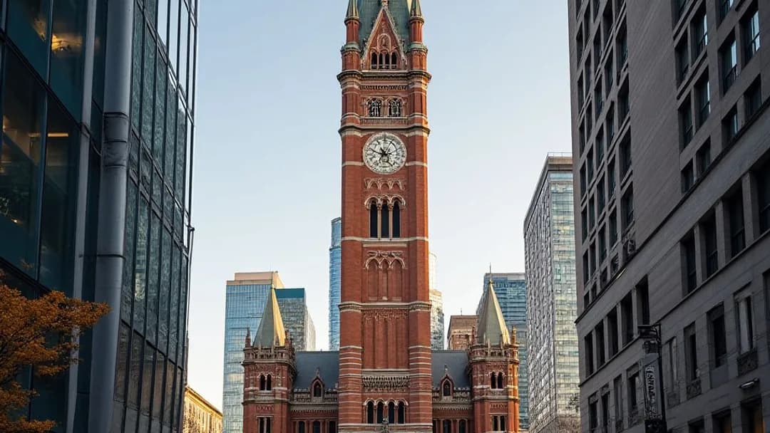 La tour de l'horloge de l'ancien hôtel de ville de Toronto encadrée par des immeubles de bureaux modernes par une journée claire, vue depuis la place Nathan Phillips