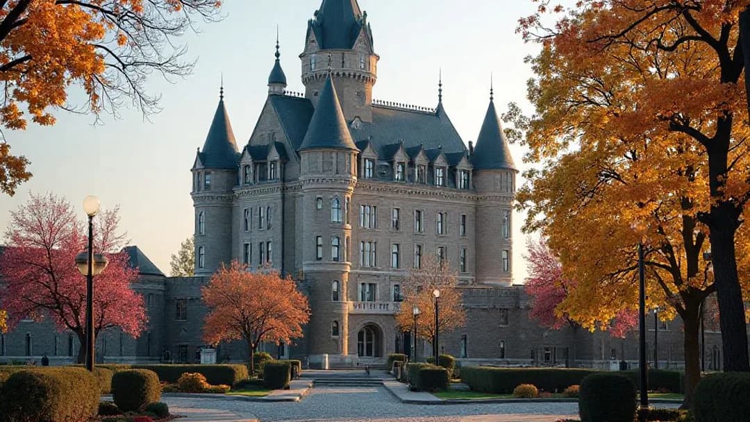 Le Château Frontenac à Québec vu depuis la terrasse Dufferin par une claire matinée d'automne avec une lumière dorée et chaleureuse