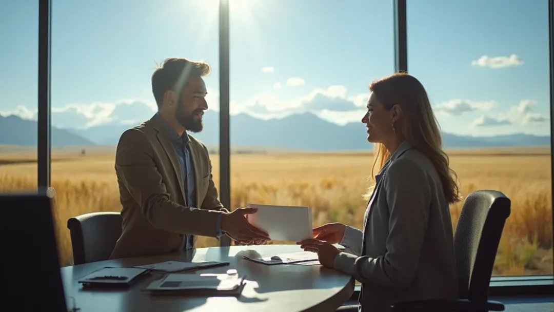 Une personne recevant une enveloppe de documents de prêt approuvés au comptoir d'une banque, paysage de prairie albertaine visible par les grandes fenêtres du bureau