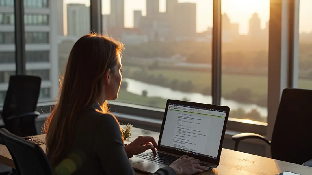A person reviewing a loan approval notification on their laptop at a desk with a view of the Winnipeg skyline and the Forks National Historic Site along the Red River