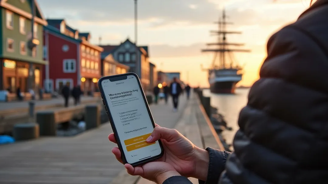 Une personne consultant une notification d'approbation de prêt sur son téléphone assise sur un banc au bord du front de mer d'Halifax avec des bâtiments historiques du port et un grand voilier en arrière-plan