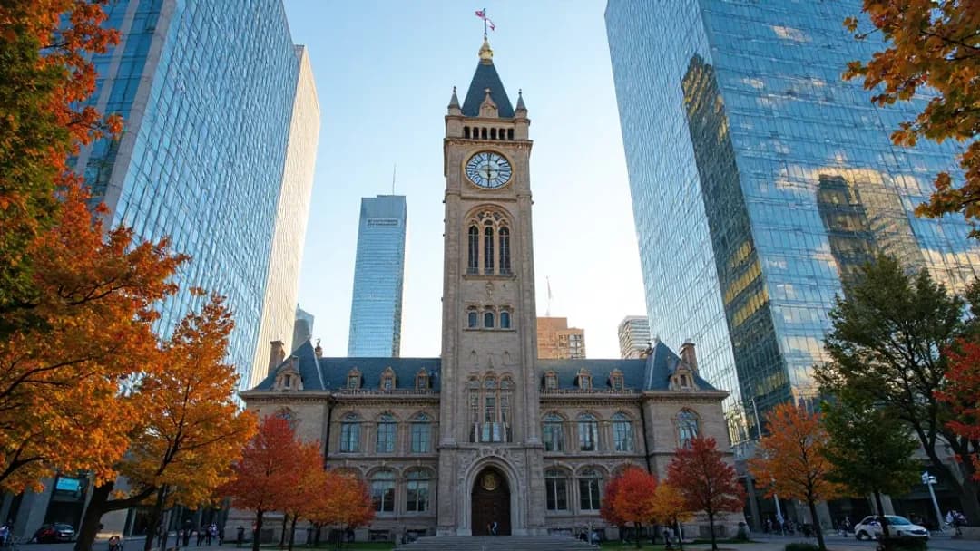Tour de l'horloge de l'ancien hôtel de ville de Toronto encadrée par des tours de verre modernes par un après-midi ensoleillé, vue depuis la place Nathan Phillips