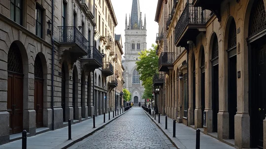 Cobblestone street in Old Montreal lined with historic greystone buildings and wrought-iron balconies on a summer afternoon, with the Basilique Notre-Dame visible in the distance