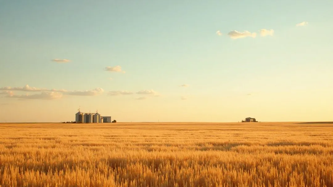 Champ de blé doré s'étendant jusqu'à l'horizon sous un vaste ciel de la Saskatchewan avec des silos à grains visibles au loin
