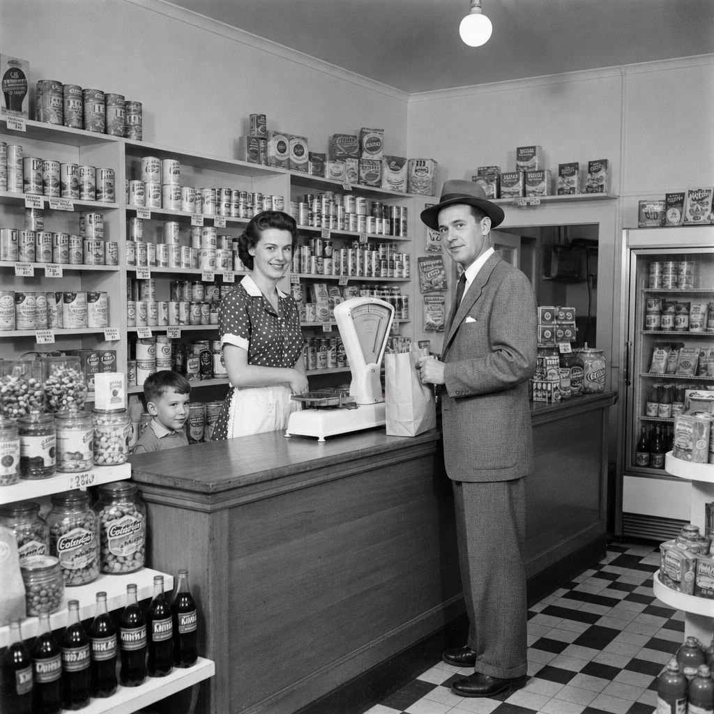 Un marchand servant un client dans une épicerie de quartier des années 1950