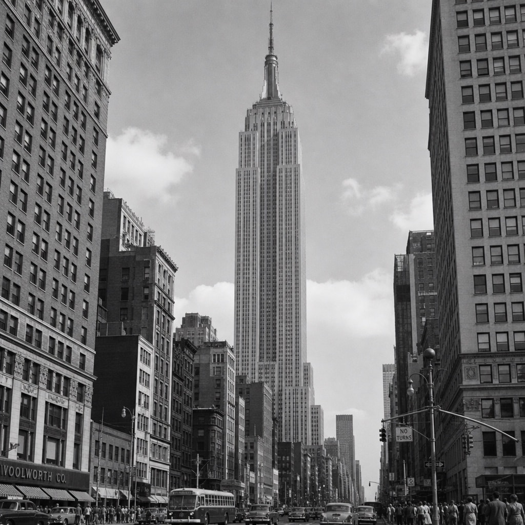 A tower rising above a mid-century commercial street