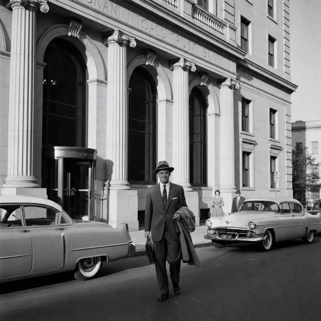 A man leaving a trust bank on a 1950s main street