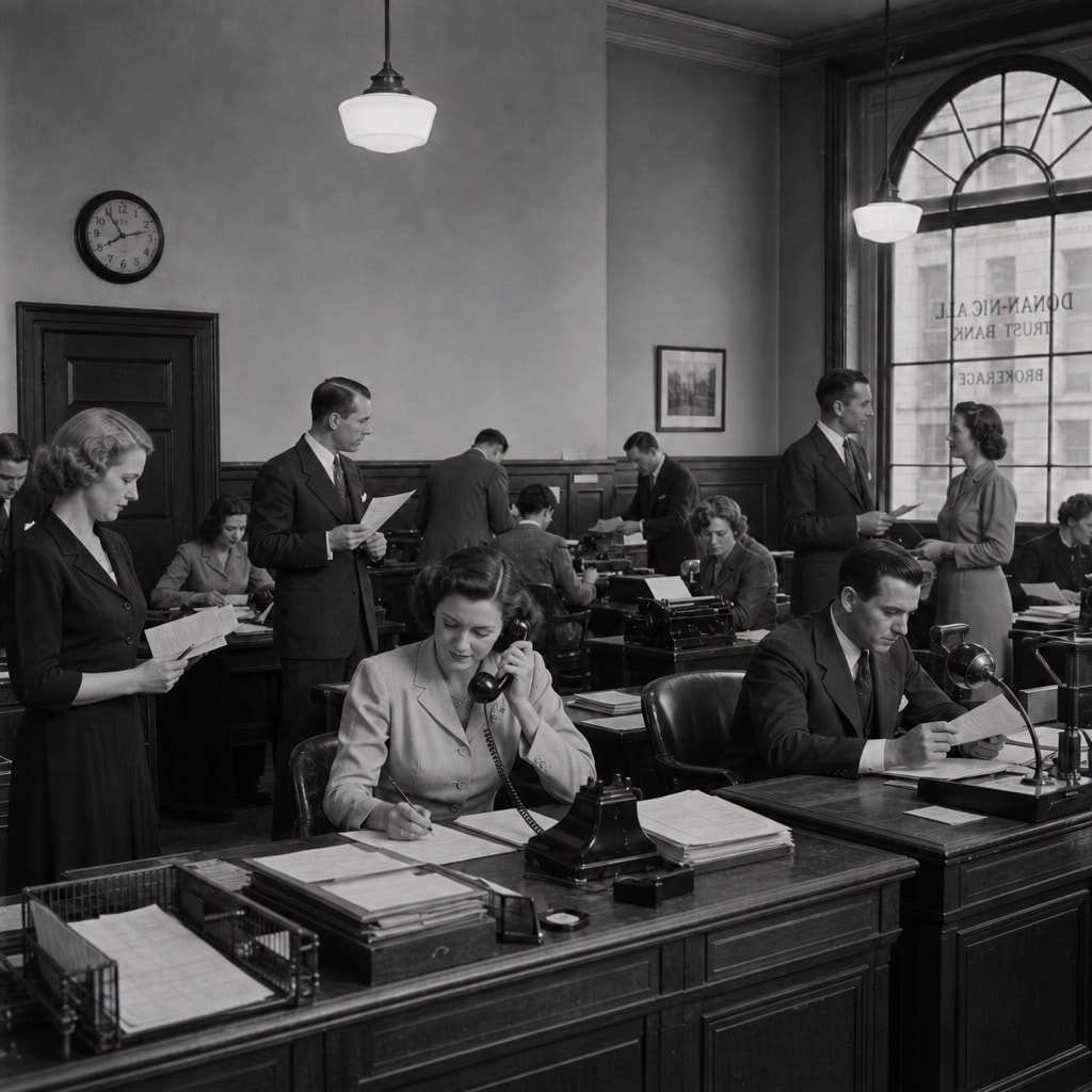 Une salle de courtage et de fiducie des années 1950, remplie de gens traitant des dossiers à la main