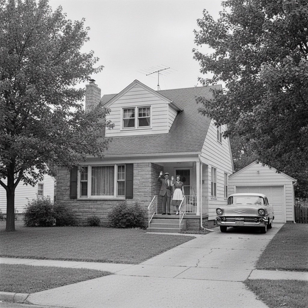 Un couple sur le perron d'une maison de banlieue des années 1950