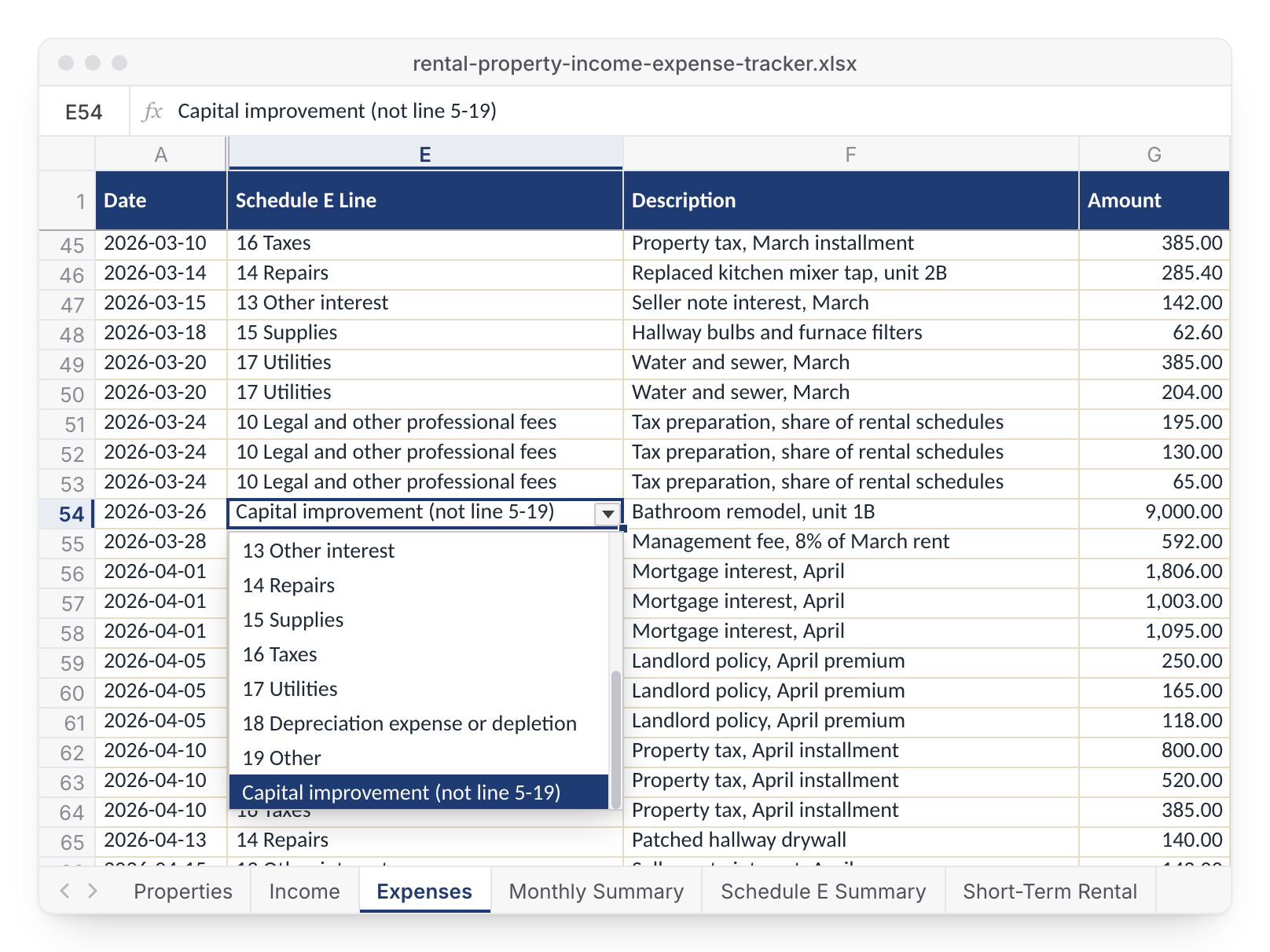 Expenses tab with the Schedule E Line dropdown open on a $9,000 bathroom remodel, Capital improvement selected