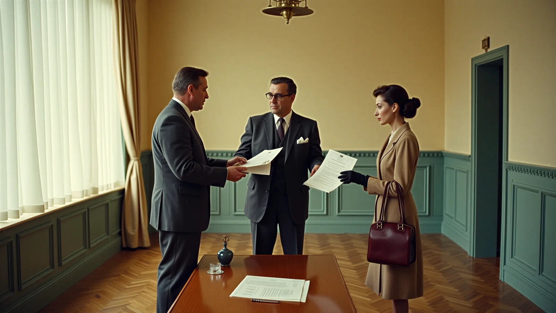 A broker in a dark suit hands a copy of a lease to a building owner and to a woman tenant in an empty 1950s shop