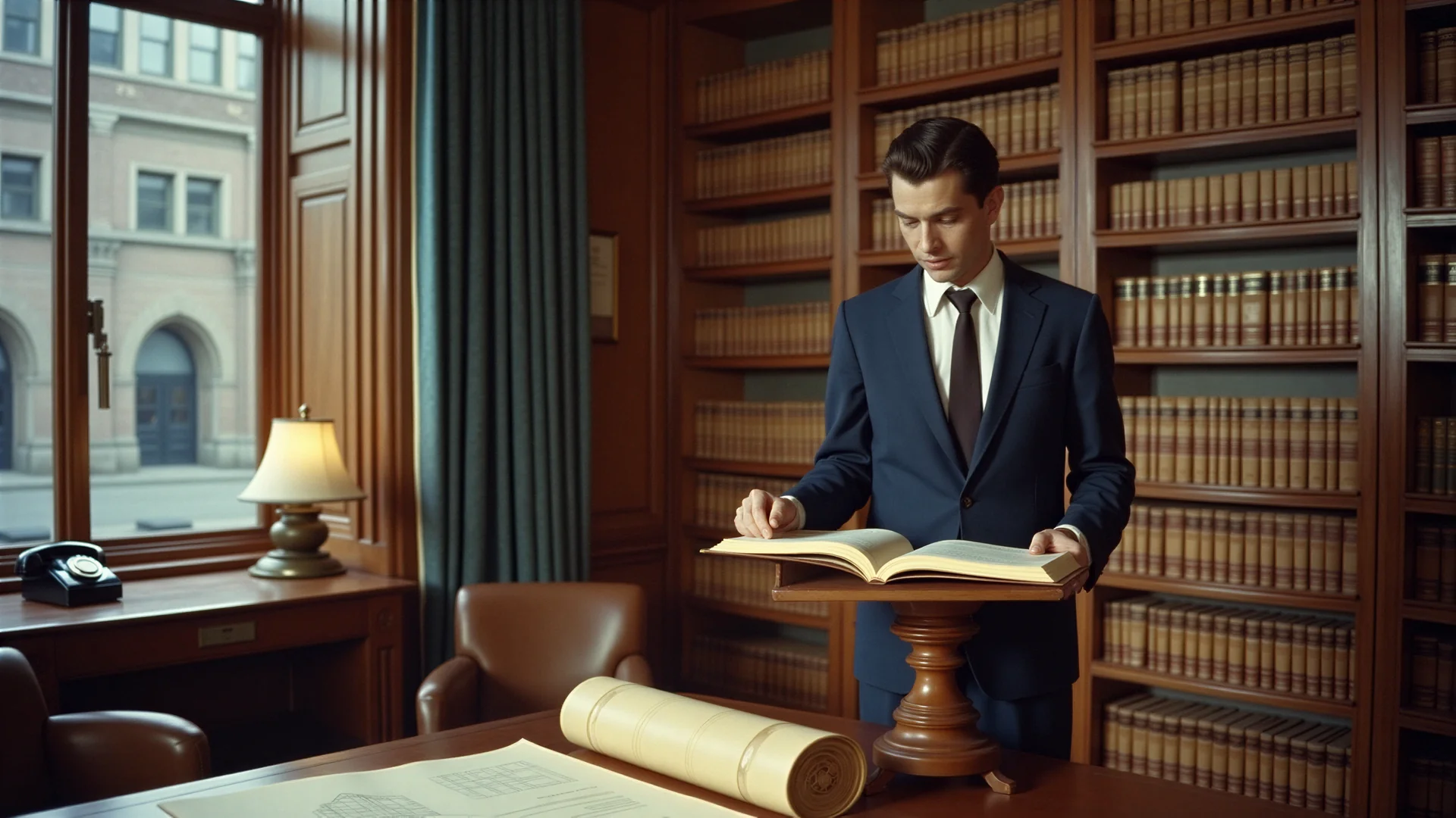 Un stagiaire de banque des années 1950 consulte un épais ouvrage de référence sur un lutrin de chêne, des plans d'immeuble déroulés sur la table