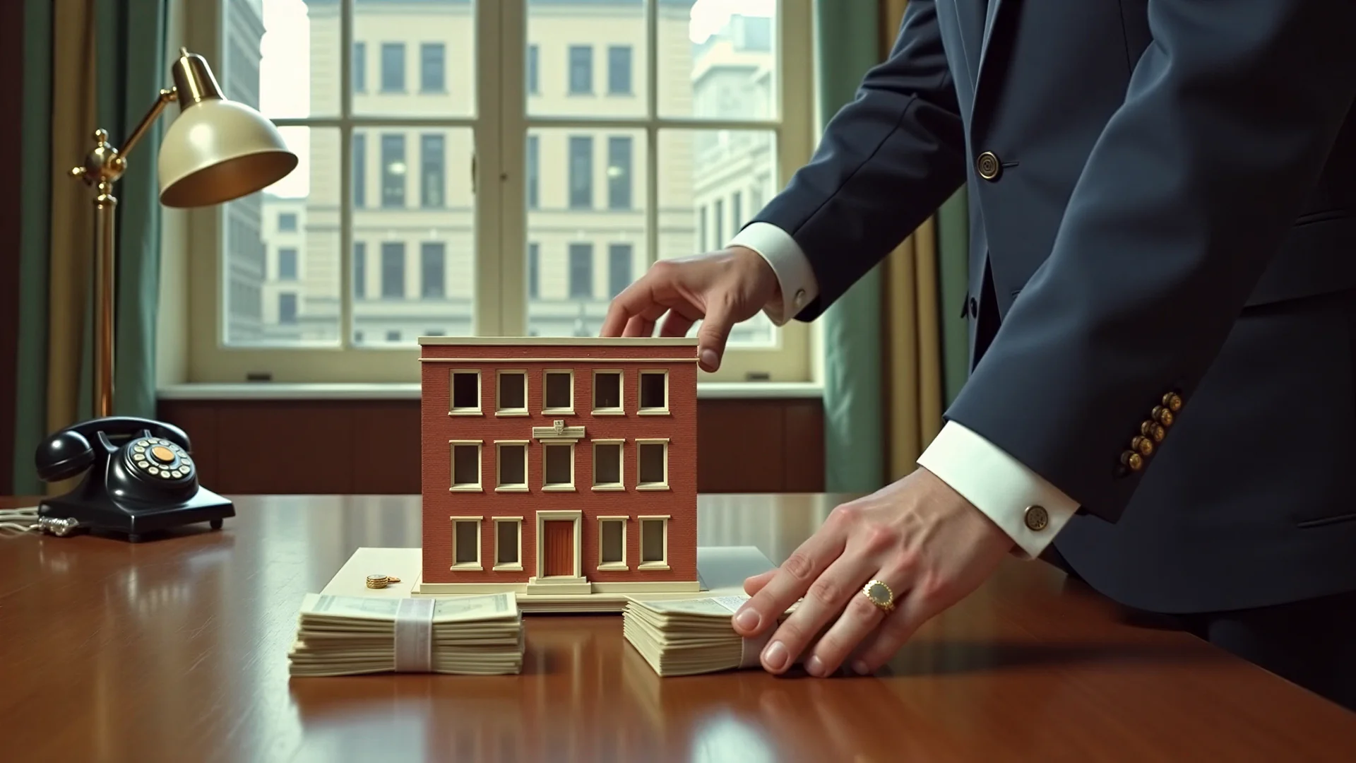 An investor's hands push banded stacks of banknotes toward a brick scale model of a commercial building on a 1950s bank desk