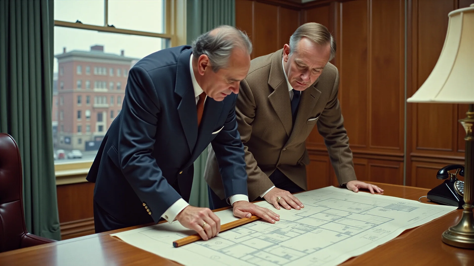 Un propriétaire et un locataire penchés sur un plan d'étage, règle de bois en main, dans un bureau des années 1950, un immeuble de brique à la fenêtre