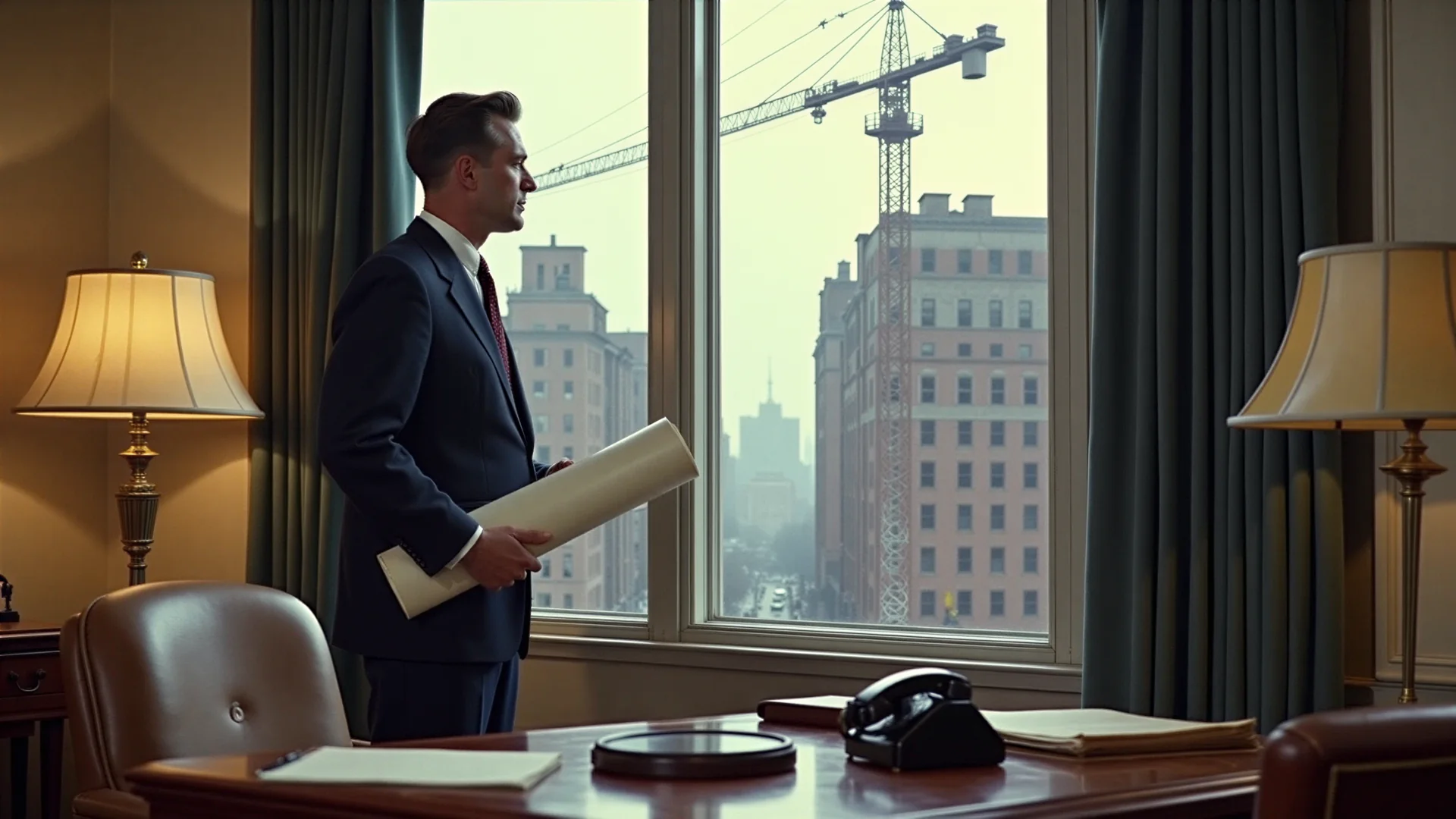 A 1950s banker holding a rolled blueprint watches a construction crane rise over downtown office buildings from his office window