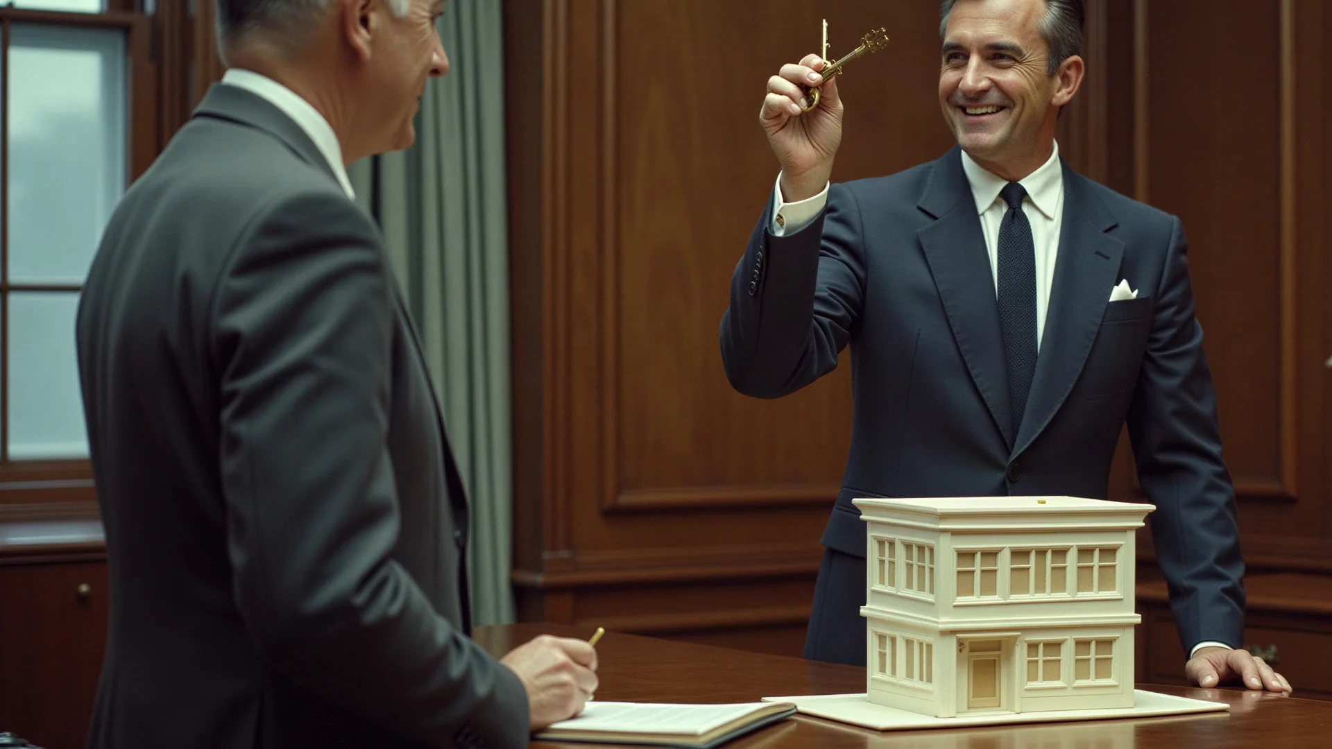 Un acheteur souriant brandit une clé de laiton au-dessus de la maquette en plâtre d'un immeuble commercial, devant le vendeur qui prend des notes