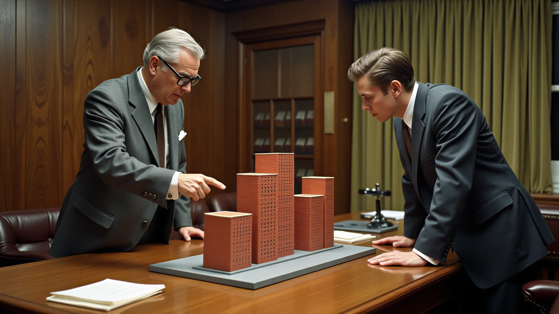 An older broker points at a scale model of brick office buildings while a young man in a new suit leans in to study it