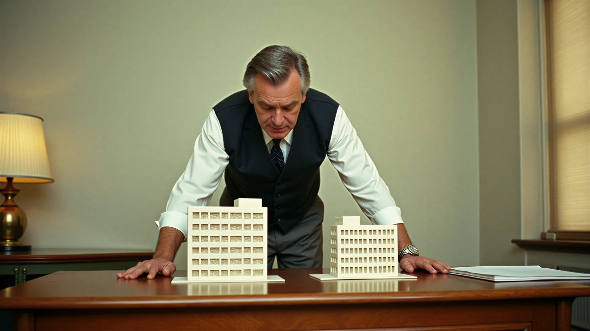 An appraiser in a waistcoat leans over two plaster models of office buildings on a walnut desk in a 1950s office