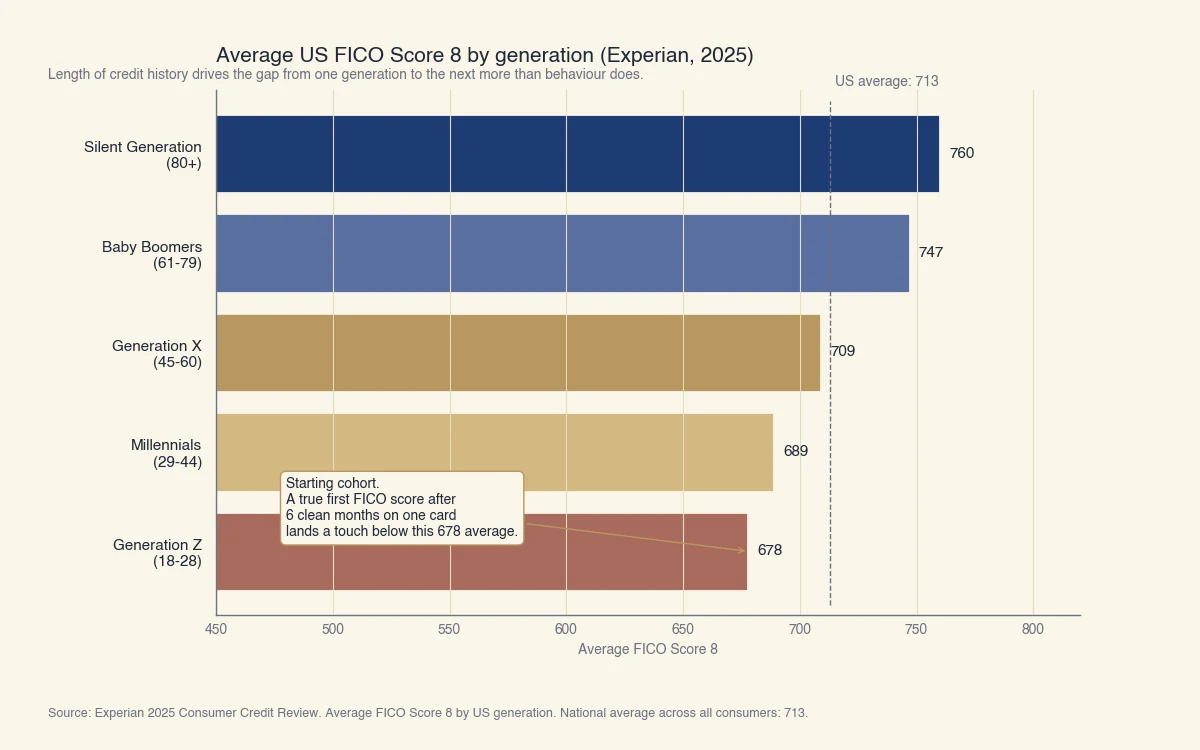 Average US FICO Score 8 by generation as of 2025 from Experian Consumer Credit Review: Gen Z (18-28) 678, Millennials (29-44) 689, Gen X (45-60) 709, Baby Boomers (61-79) 747, Silent Generation (80+) 760. US national average 713.