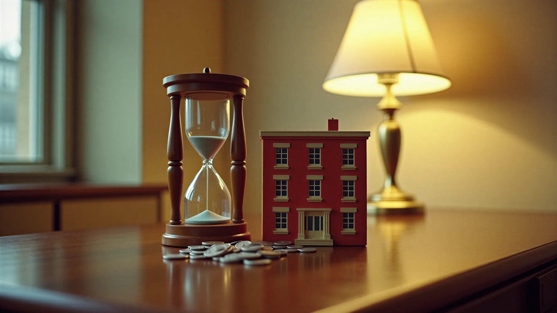 An hourglass with its sand half run through beside a red model apartment building and a heap of silver coins on a walnut desk