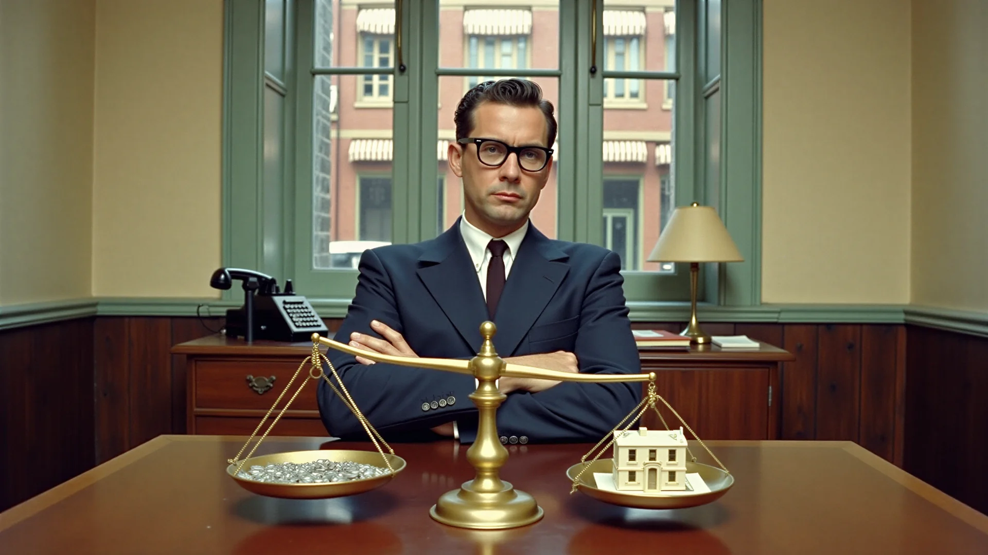 Un banquier des années 1950 observe une balance de laiton : des pièces d'argent sur un plateau, la maquette d'un immeuble commercial sur l'autre
