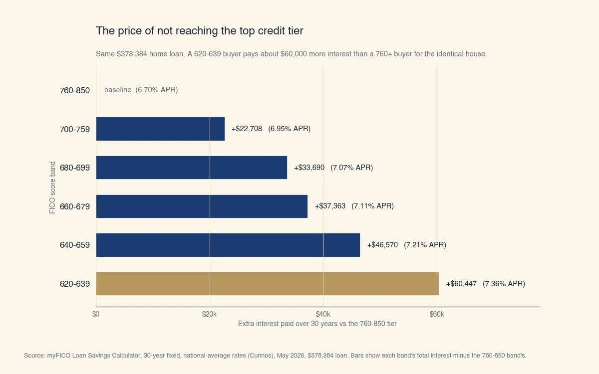Bar chart of extra 30-year interest by FICO band versus the 760+ tier on a $378,384 mortgage: 700-759 pays $22,708 more, 680-699 $33,690, 660-679 $37,363, 640-659 $46,570, and 620-639 $60,447 more.