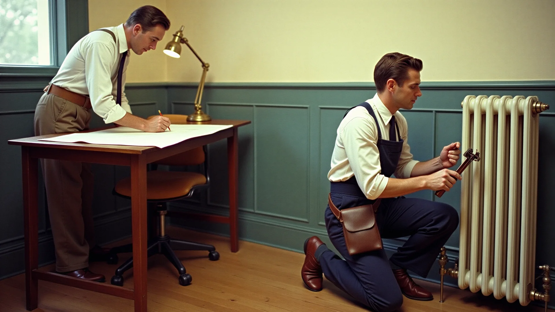 Un préposé à l'entretien de l'immeuble serre un radiateur de fonte à la clé pendant qu'un locataire dessine à sa table de bureau, années 1950