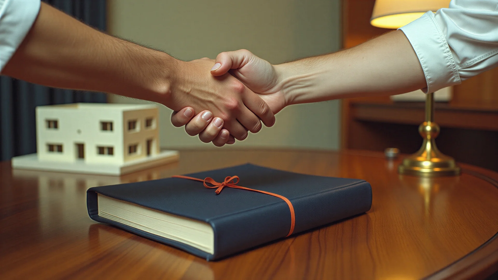 Two men shake hands above a navy contract tied with a red ribbon, beside a plaster model of an office building