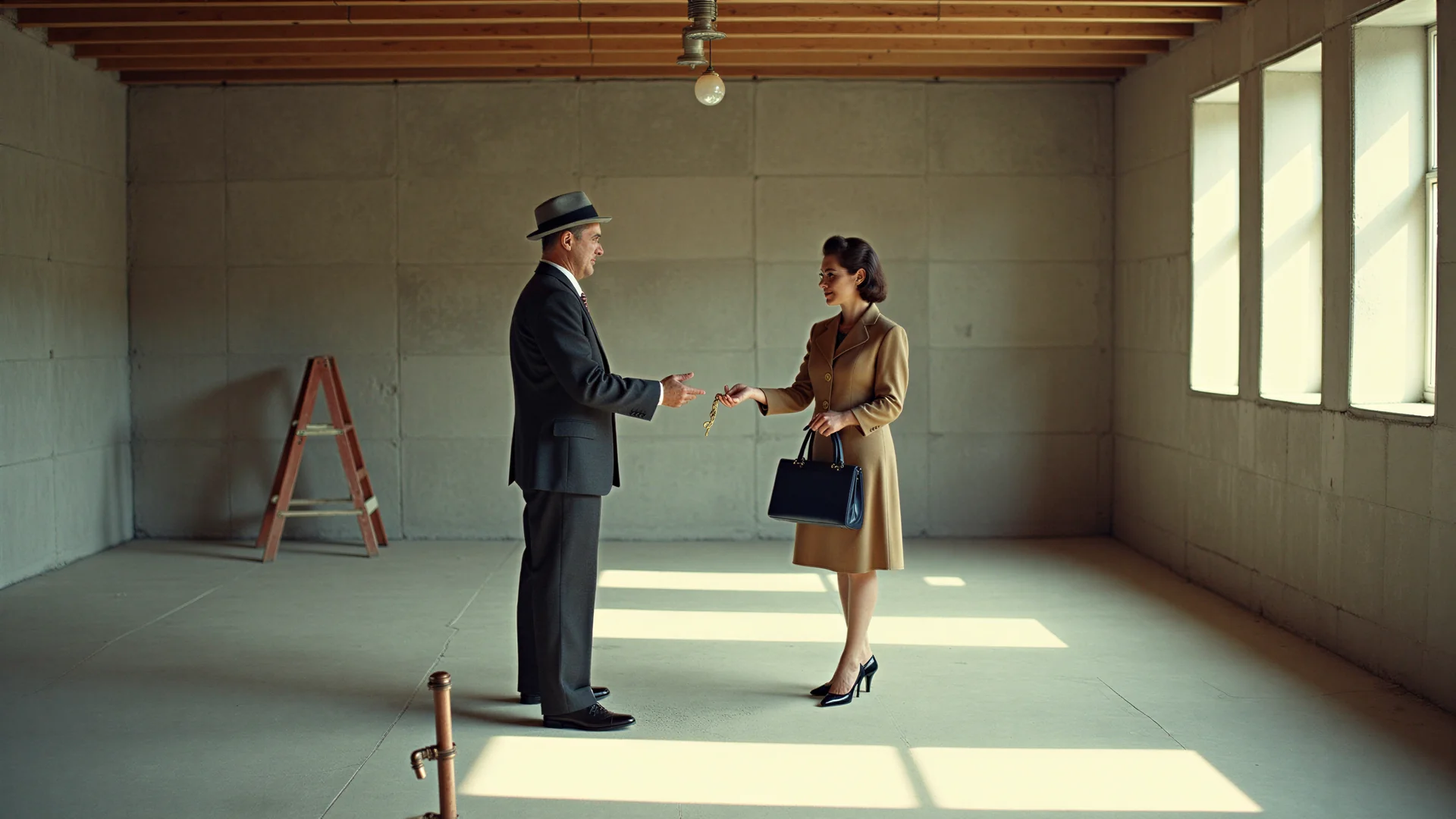 A landlord hands a brass key to a tenant in a bare 1950s shop unit with a concrete floor, block walls and open ceiling joists