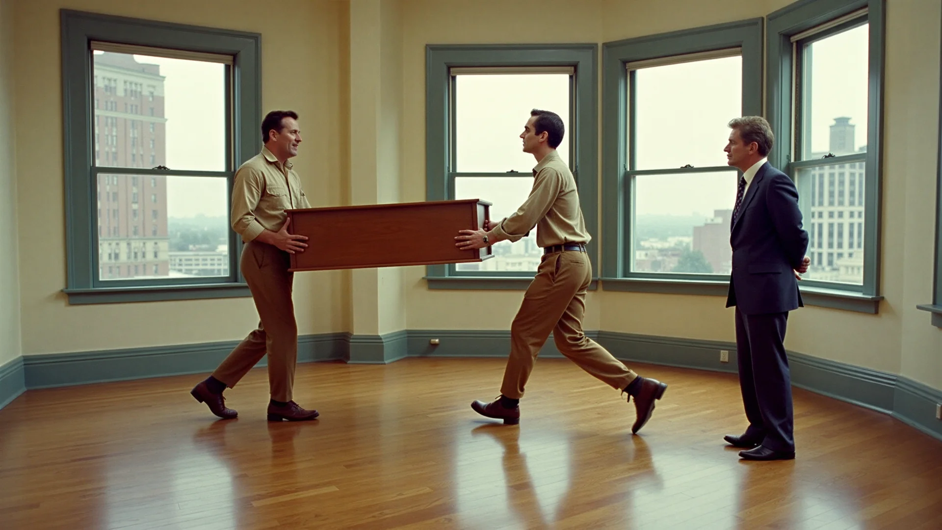 Two moving men carry a wooden cabinet into an empty office suite while the new tenant in a navy suit watches by the window
