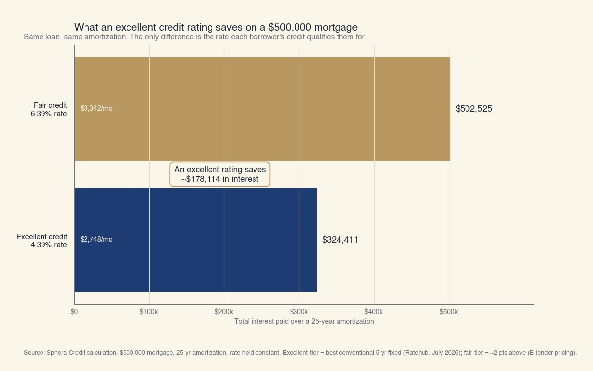 Total interest on a $500,000 Canadian mortgage over a 25-year amortization: an excellent-credit borrower at 4.39% pays about $324,411, while a fair-credit borrower at 6.39% pays about $502,525, a difference of roughly $178,114.