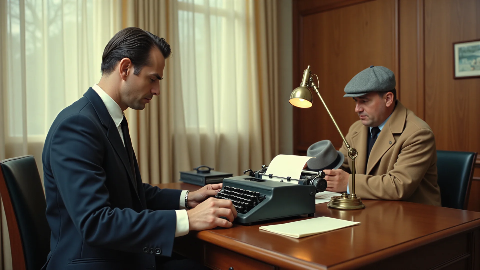 A broker types a one-page letter on a manual typewriter while a shopkeeper in a camel coat waits across the desk in a 1950s office