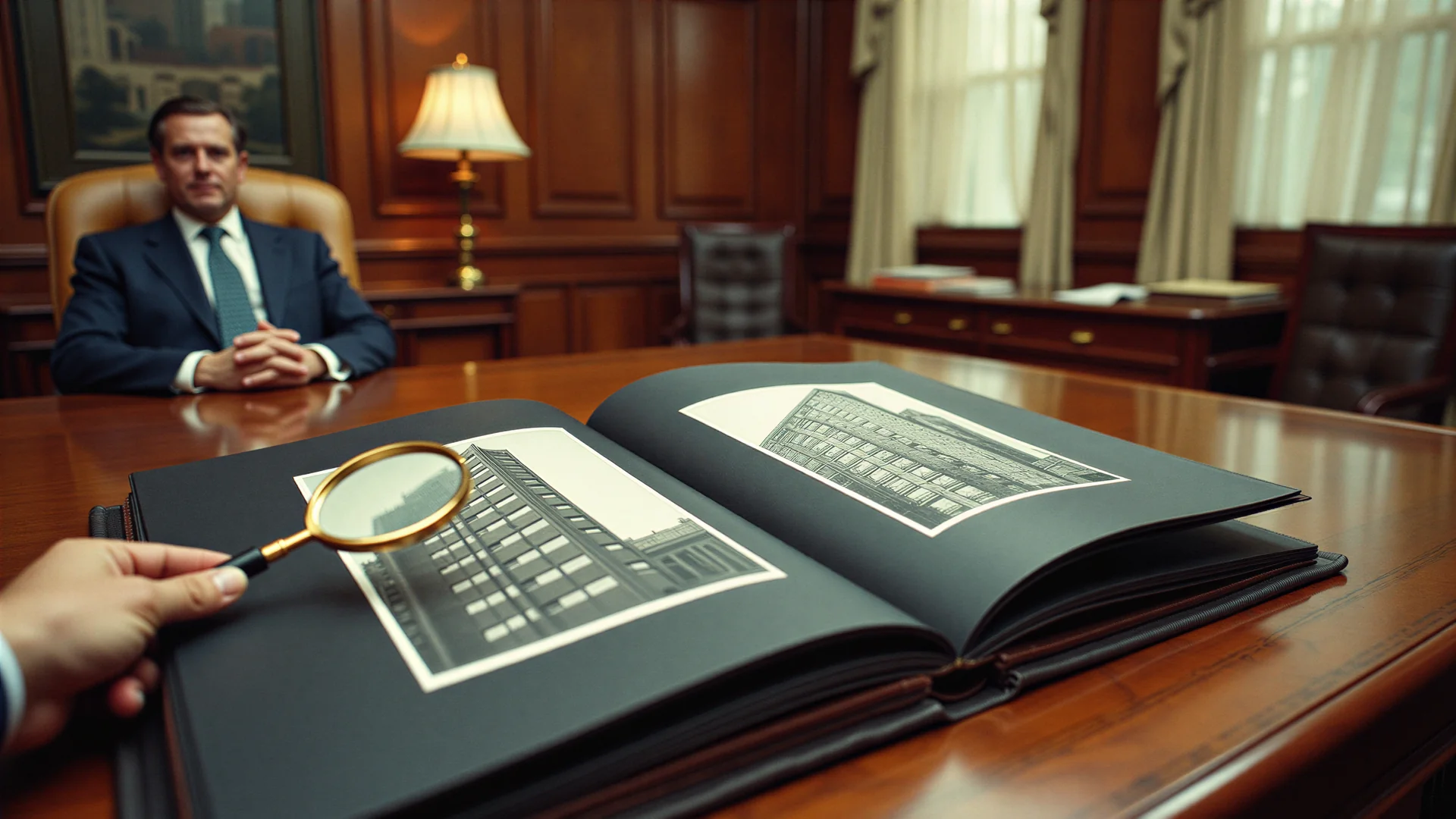 A buyer holds a magnifying glass over photographs of an office building in a broker's album, in a 1950s office