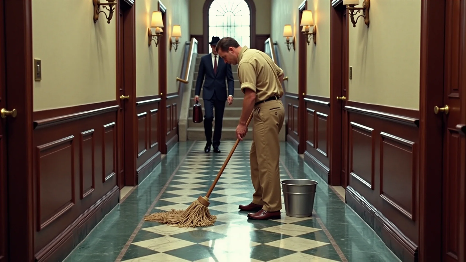A janitor mops the marble corridor of a 1950s office building as a tenant in a navy suit comes down the stairs