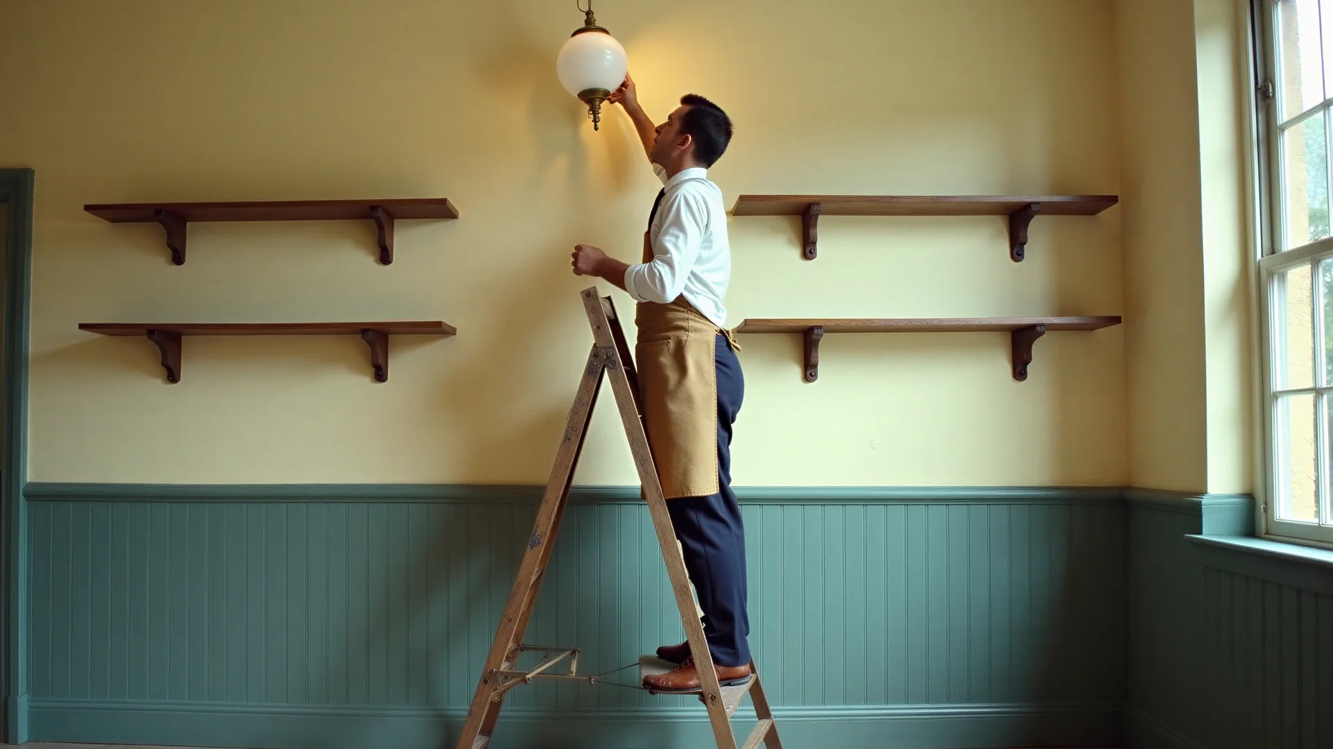 A shopkeeper in a tan apron stands on a wooden stepladder and fits a glass globe lamp in the empty 1950s shop he rents