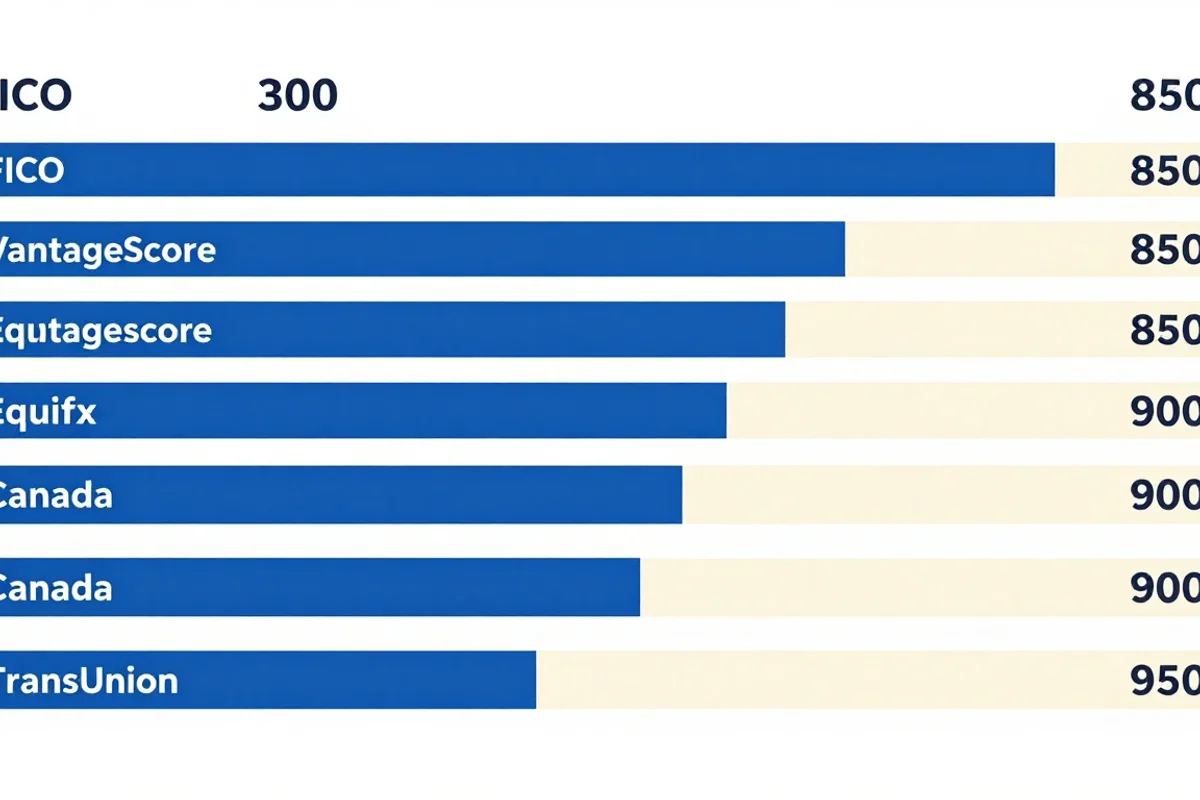Maximum credit scores by model: FICO and VantageScore top out at 850 in the US; Equifax and TransUnion top out at 900 in Canada