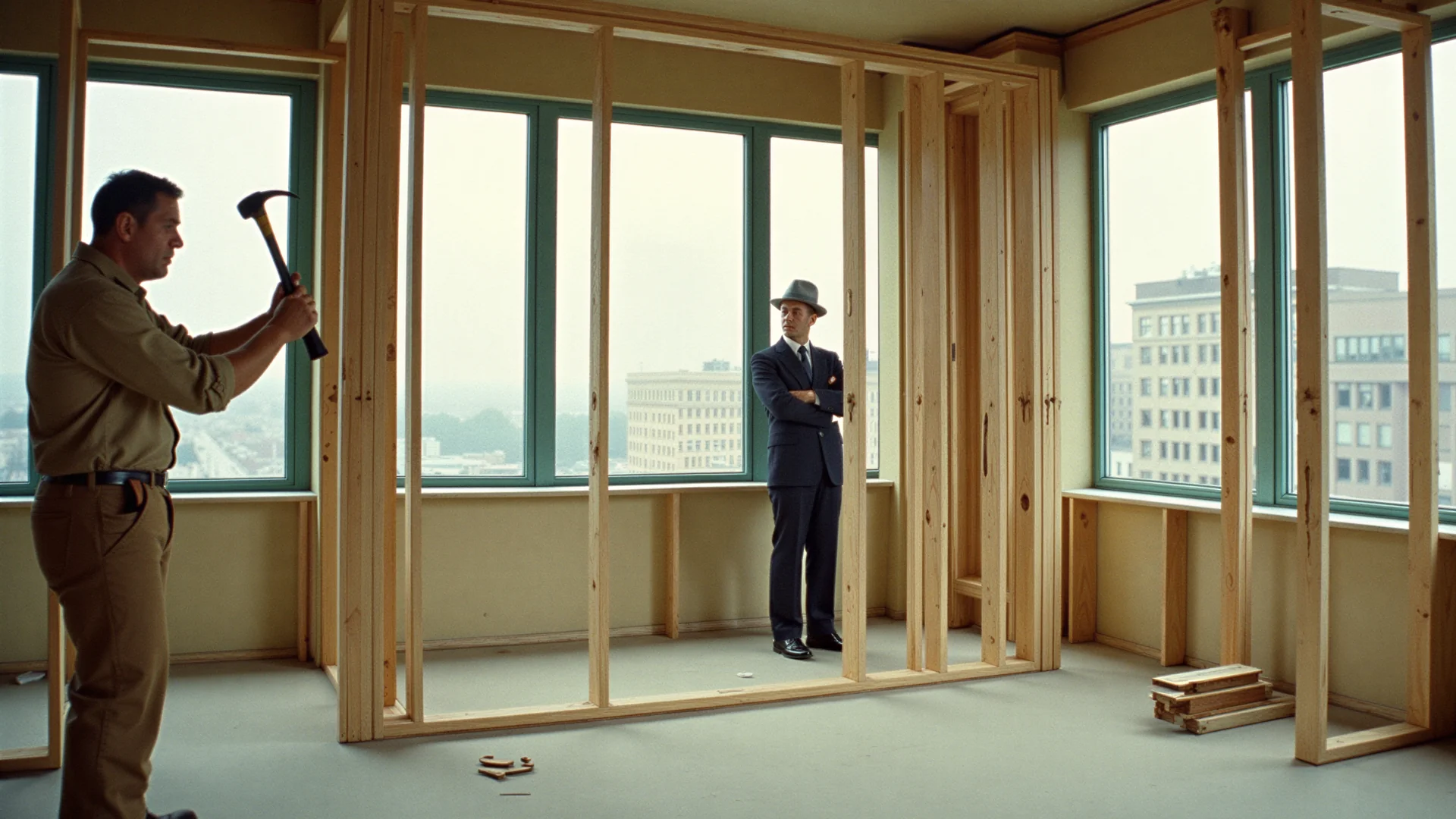 A carpenter swings a hammer at a half-built partition of bare wood studs on an empty office floor while a man in a navy suit and fedora watches