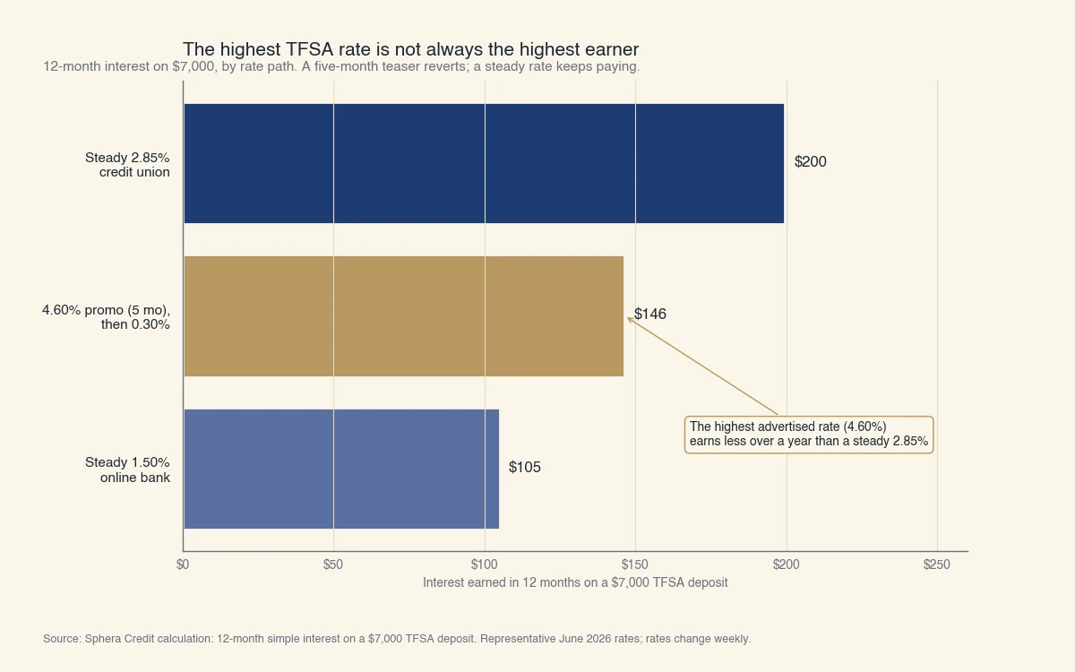 Interest earned in 12 months on a $7,000 TFSA deposit: a steady 2.85% credit union pays about $200, a 4.60% promo that reverts to 0.30% pays about $146, and a steady 1.50% online bank pays about $105.