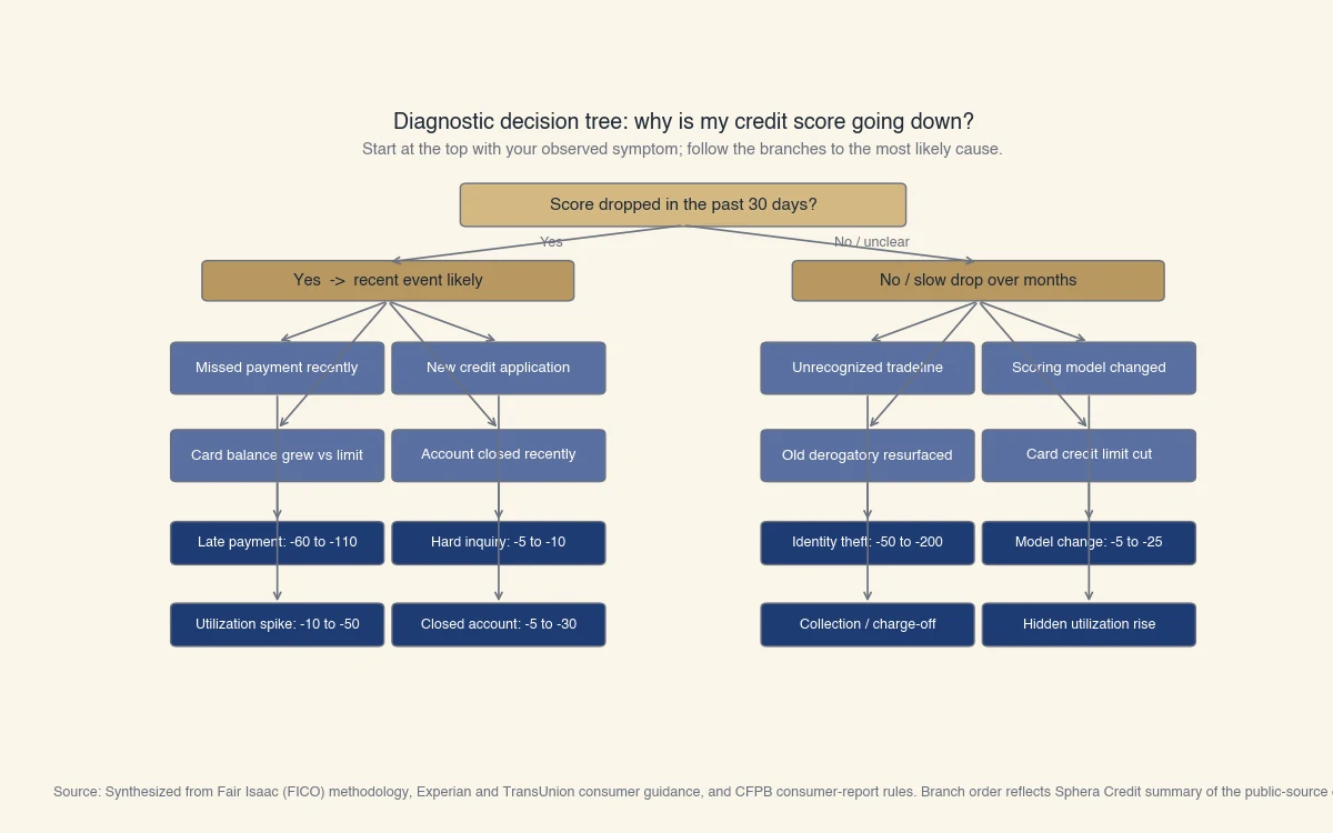 Decision tree: did your score drop in the past 30 days? If yes, was there a missed payment or new hard inquiry in the past 60 days? Continue down through utilization, closed accounts, derogatory marks, and scoring-model transitions to terminal causes