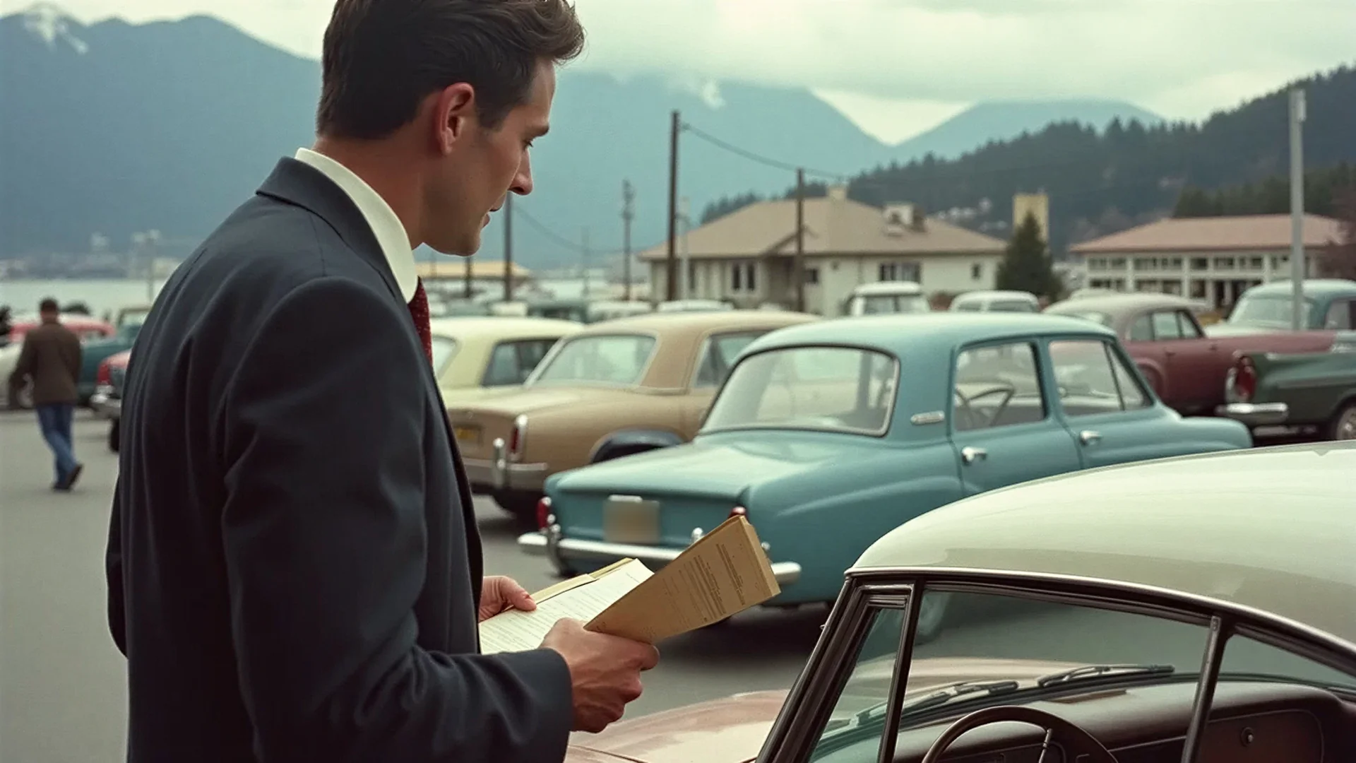 Une personne en costume examinant une voiture classique dans un concessionnaire des années 1950 avec des documents en main, montagnes et port du Pacifique visibles en arrière-plan avec des bâtiments patrimoniaux de Vancouver