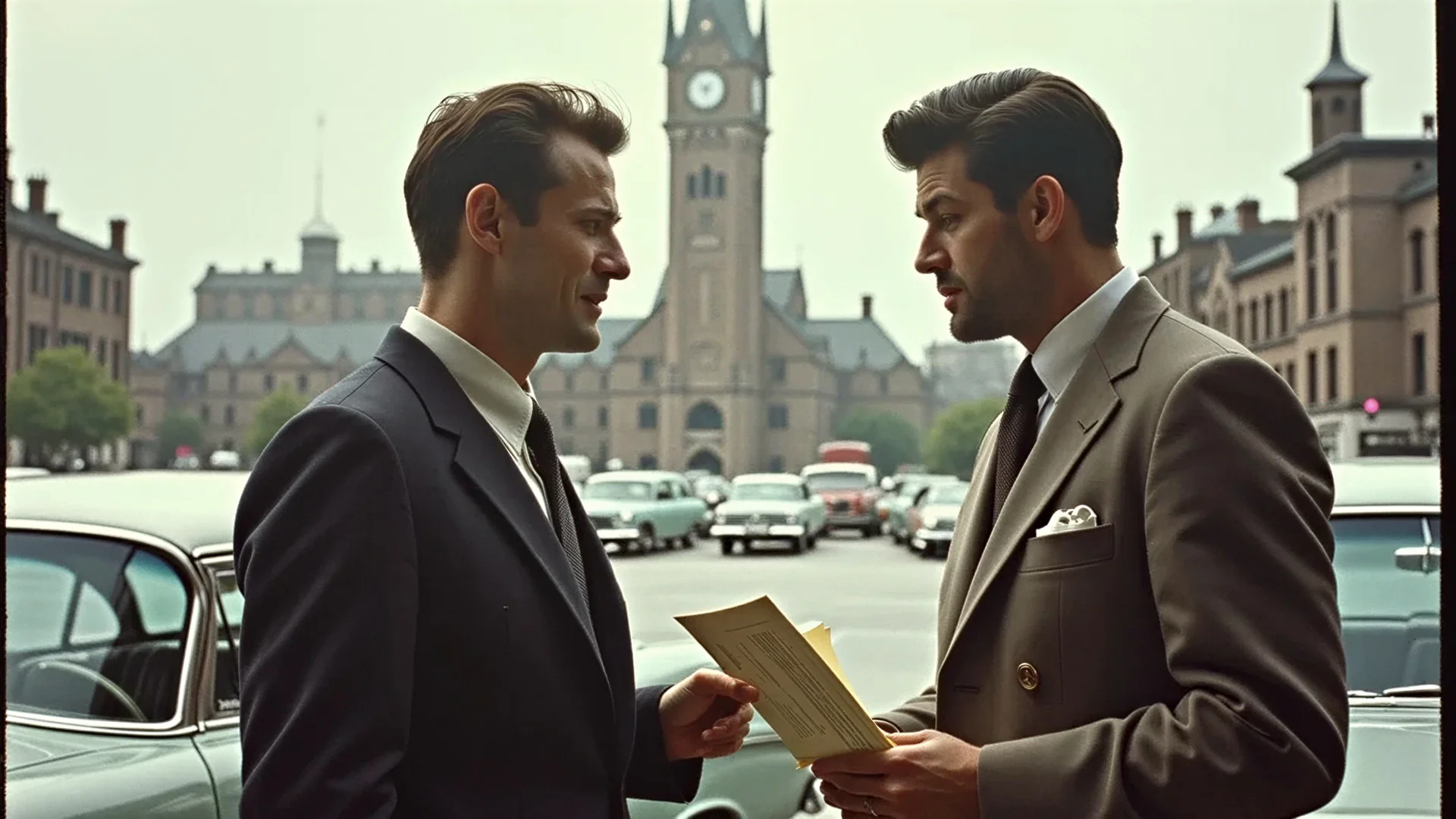 A person in a suit examining a classic car at a 1950s dealership with paperwork in hand, Toronto old city hall clock tower and Ontario architecture visible in the distant background